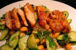 Spicy Chicken Thighs with Cucumber and Cashew Salad
