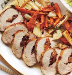 Stuffed pork loin with roasted root vegetables
