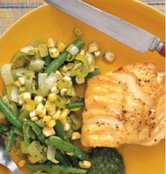 Cod with beans corn and pesto