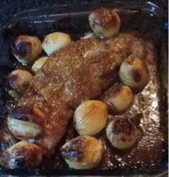 Pork Loin Roast with Baby Onions and Honey Mustard Glaze