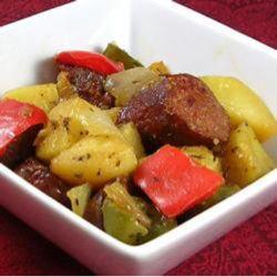 Baked sausage peppers, onions & potatoes