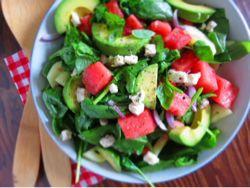 Watermelon Salad with Feta Cheese, Grilled Shrimp, Avocados & Strawberries